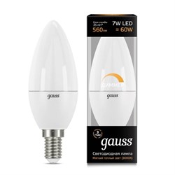 Лампа Gauss Свеча 7W 560lm 3000К Е14 диммируемая LED 1/10/100 103101107-D - фото 38398
