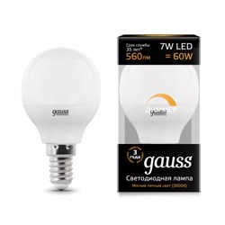 Лампа Gauss LED Шар-dim E14 7W 560lm 3000К диммируемая 1/10/100 105101107-D - фото 38400