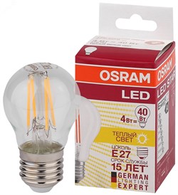 Лампочка светодиодная филаментная OSRAM LED Star, 470лм, 4Вт, 2700К (теплый белый свет), Цоколь E27, колба P, шар 4052899971639 - фото 40867