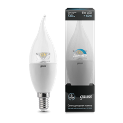 Лампа Gauss LED Candle Tailed-dim Crystal Clear E14 6W 4100K диммируемая 1/10/50 104201206-D - фото 7396