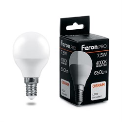 Лампа светодиодная FERON LB-1407, G45 (шар), 7.5W 230V E14 4000К (белый), рассеиватель матовый белый 38072 - фото 75962