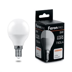 Лампа светодиодная FERON LB-1409, G45 (шар), 9W 230V E14 2700К (белый теплый), рассеиватель матовый 38077 - фото 76063