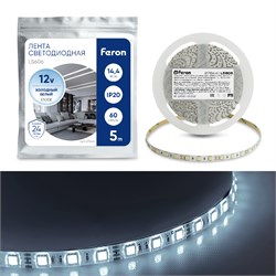 Лента светодиодная 12V FERON LS606, 60*SMD5050, 14,4W/m, IP20, 6500К (дневной), кратность резки 50мм 27644 - фото 76126