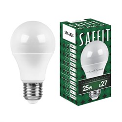 Лампа светодиодная SAFFIT SBA6525, A65 (шар), 25W 230V E27 2700К (теплый белый), рассеиватель матовы 55087 - фото 76848