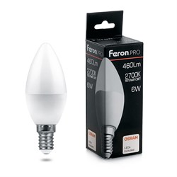 Свеча Лампа светодиодная FERON LB-1306, C37 ( ), 6W 230V E14 2700К (белый теплый), рассеиватель матовы 38044-1 - фото 77068