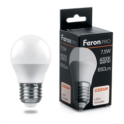 Лампа светодиодная FERON LB-1407, G45 (шар), 7.5W 230V E27 4000К (белый), рассеиватель матовый белый 38075 - фото 77200