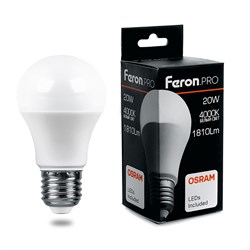 Лампа светодиодная FERON LB-1020, A65 (шар), 20W 230V E27 4000К (белый), рассеиватель матовый белый, 38042 - фото 77242