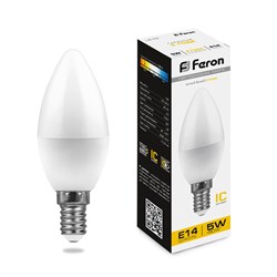 Свеча Лампа светодиодная FERON LB-72, C37 ( ), 5W 230V E14 2700К (белый теплый), рассеиватель матовый 25400 - фото 77435