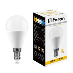 Лампа светодиодная FERON LB-750, G45 (шар малый), 11W 230V E14 2700К (белый теплый), рассеиватель ма 25946 - фото 77536