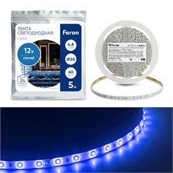 Лента светодиодная 12V FERON LS603, 60*SMD2835, 4,8W/m, IP20, (синий), в комплекте коннектор типа "м 27673 - фото 78177