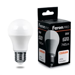 Лампа светодиодная FERON LB-1009, A60 (шар), 9W 230V E27 4000К (белый), рассеиватель матовый белый, 38027 - фото 78221