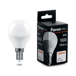 Лампа светодиодная FERON LB-1409, G45 (шар), 9W 230V E14 6400К (дневной), рассеиватель матовый белый 38079 - фото 78350