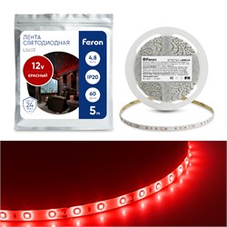 Лента светодиодная 12V FERON LS603, 60*SMD3528, 4,8W/m, IP20, (красный), кратность резки 50мм, 5000 27672 - фото 78583