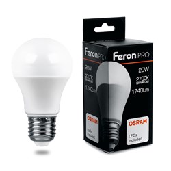 Лампа светодиодная FERON LB-1020, A65 (шар), 20W 230V E27 2700К (белый теплый), рассеиватель матовый 38041 - фото 78742
