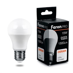 Лампа светодиодная FERON LB-1015, A60 (шар), 15W 230V E27 6400К (дневной), рассеиватель матовый белы 38037 - фото 78762