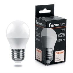 Лампа светодиодная FERON LB-1406, G45 (шар), 6W 230V E27 2700К (белый теплый), рассеиватель матовый 38068 - фото 78899