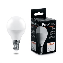 Лампа светодиодная FERON LB-1406, G45 (шар), 6W 230V E14 4000К (белый), рассеиватель матовый белый, 38066 - фото 78917