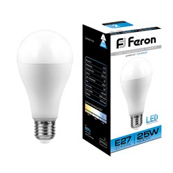 Лампа светодиодная FERON LB-100, A65 (шар), 25W 230V E27 6400К (дневной), рассеиватель матовый белый 25792 - фото 79462
