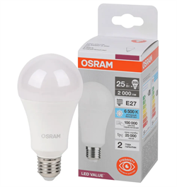 Лампочка светодиодная E27 OSRAM LED Value A, 2000лм, 25Вт (замена 200Вт), 6500К (холодный белый свет), Цоколь E27, колба A 4058075696471 - фото 87158