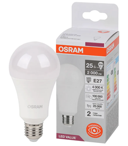 Лампочка светодиодная E27 OSRAM LED Value A, 2000лм, 25Вт (замена 200Вт), 4000К,нейтральный белый свет, Цоколь E27, колба A 4058075696358 - фото 87546