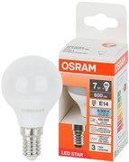 Лампа светодиодная OSRAM LED Star, 600лм, 7Вт (замена 60Вт), 6500К (холодный белый свет). Цоколь E14, колба P, угол пучка 180°. Исполнение колбы матовое, пластик. Напряжение питания 170-250В. Стабильный световой поток 170-250В; работает с выключателе 4058075696013