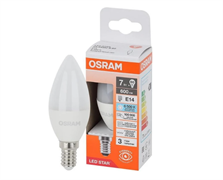 Лампа светодиодная OSRAM LED Star, 600лм, 7Вт (замена 60Вт), 6500К (холодный белый свет). Цоколь E14, колба B, угол пучка 200°. Исполнение колбы матовое, пластик. Напряжение питания 170-250В. Стабильный световой поток 170-250В; работает с выключателе 4058075696532
