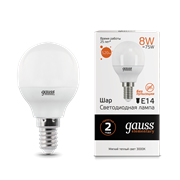 Лампа Gauss Elementary Шар 8W 520lm 3000K Е14 LED 1/10/100 53118