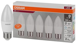 Лампа светодиодная OSRAM LED Value B, 560лм, 6,5 Вт, 6500К (холодный белый свет), Цоколь E27, упаковка по 5шт 4058075578074
