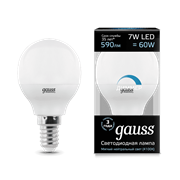 Лампа Gauss Шар 7W 590lm 4100К Е14 диммируемая LED 1/10/100 105101207-D