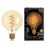 Лампа Gauss Filament G95 6W 360lm 2400К Е27 golden flexible LED 1/20 105802007