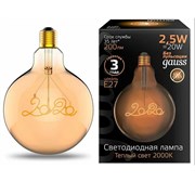 Лампа Gauss Filament G125 2,5W 200lm 2000К Е27 golden GAUSS LED 1/20 175802003
