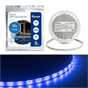 Лента светодиодная 12V FERON LS603, 60*SMD2835, 4,8W/m, IP20, (синий), в комплекте коннектор типа "м 27673